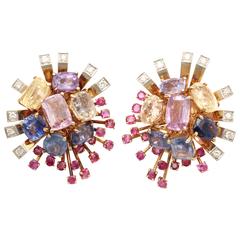 Retro 1940's Multi-Colored Sapphires Ruby Diamond  Bouquet Gold Earclips
