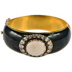 1870s Victorian 7.0 Carat Natural Harlequin Opal Diamond Enamel Gold Bangle 4