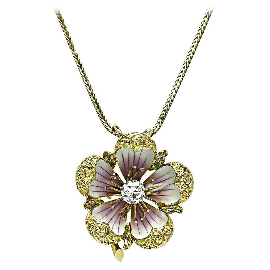 Victorian 0.65ct Diamond Enamel Gold Flower Pendant Necklace