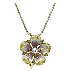 Victorian 0.65ct Diamond Enamel Gold Flower Pendant Necklace