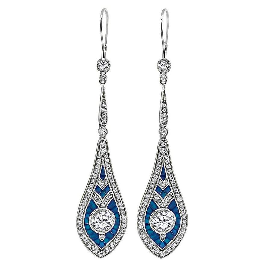 1.89ct Diamond 1.00ct Sapphire Gold Drop Earrings