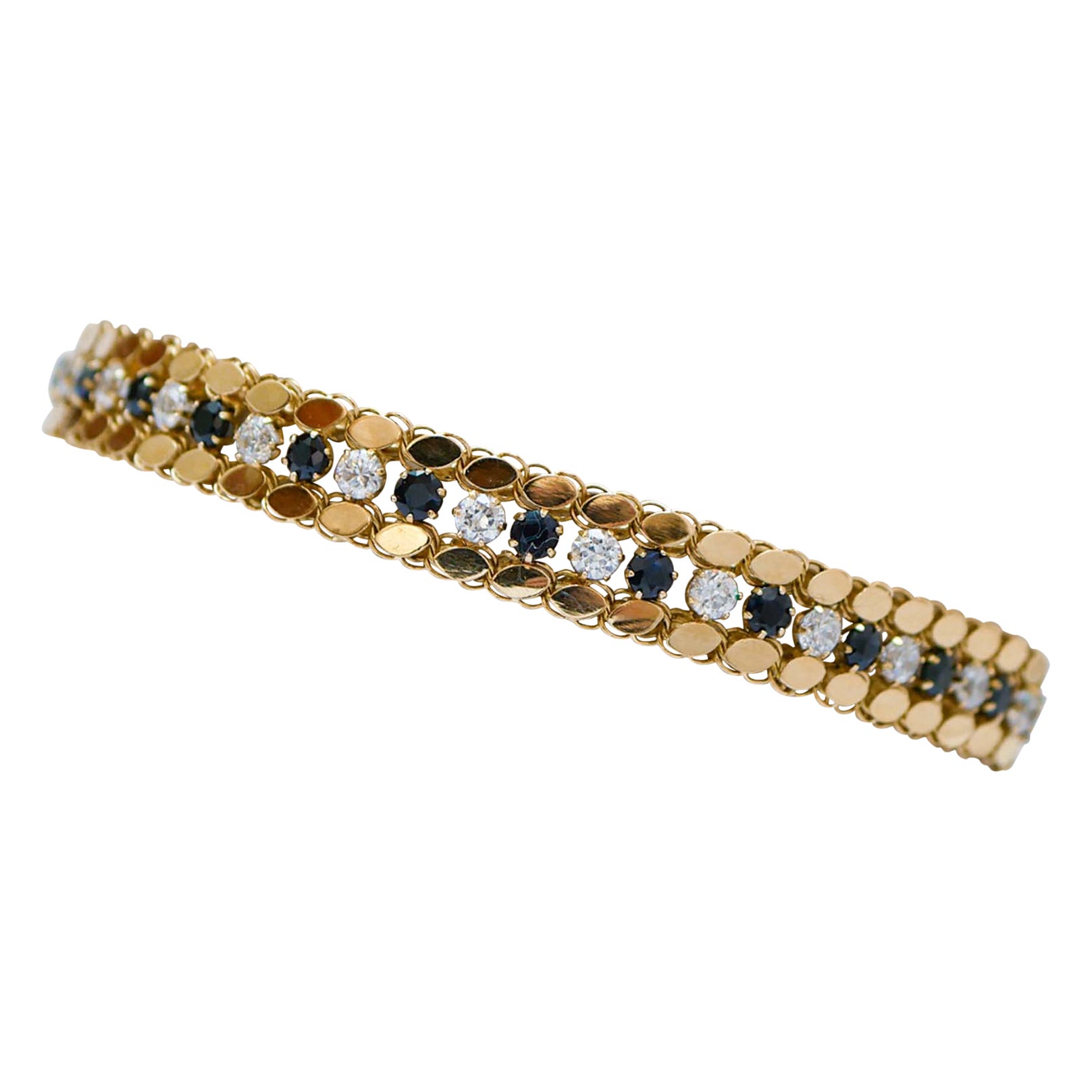 White and Blue Stones, 18 Karat Yellow Gold Bracelet.