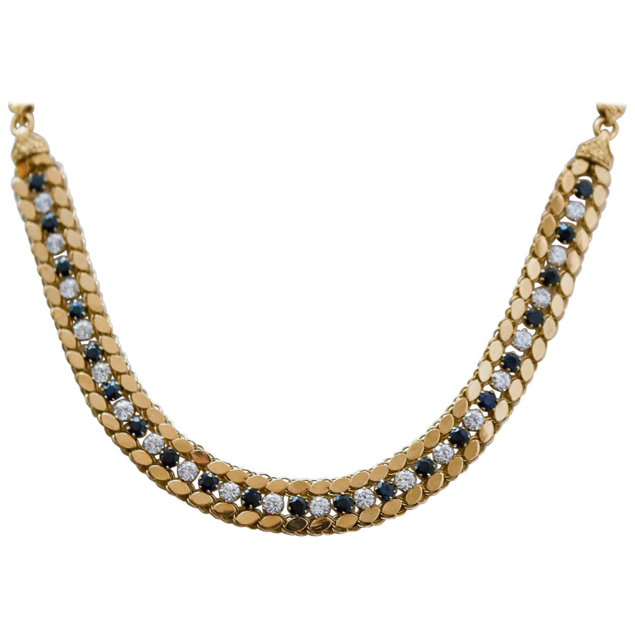 White and Blue Stones, 18 Karat Yellow Gold Necklace.