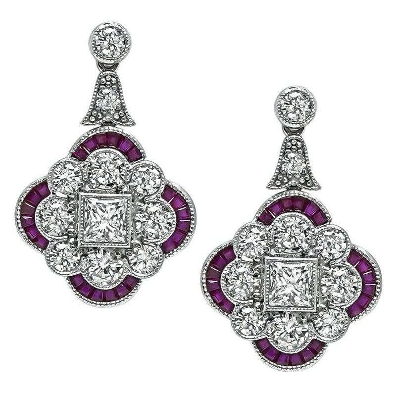 Pendientes de diamante de 2,87 ct y rubí de 1,22 ct en venta
