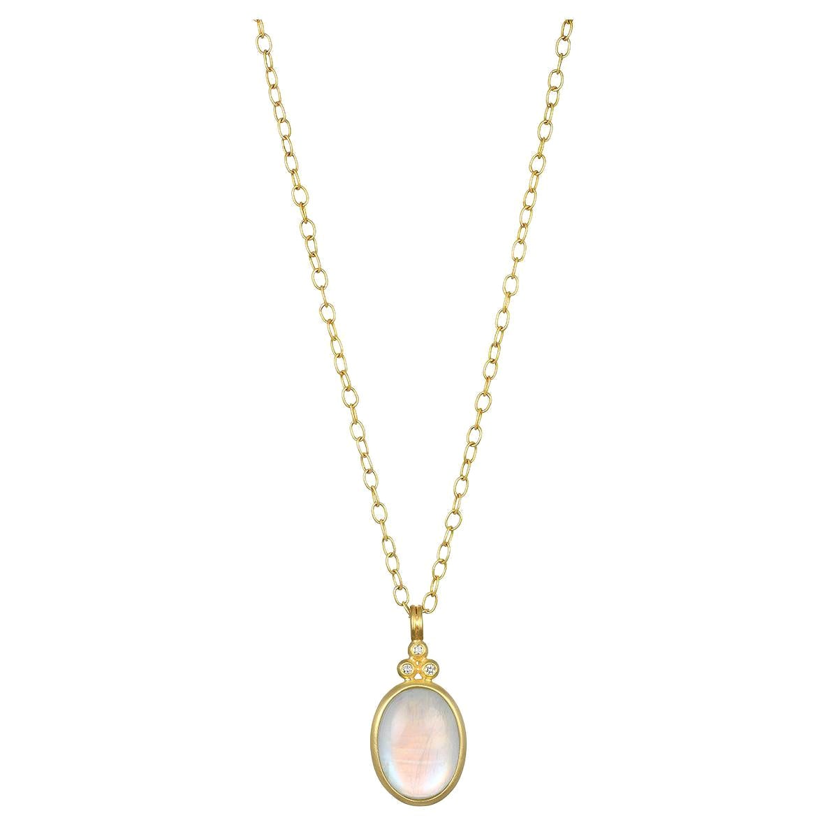 Faye Kim 18 Karat Gold Triple Diamond Oval Moonstone Pendant