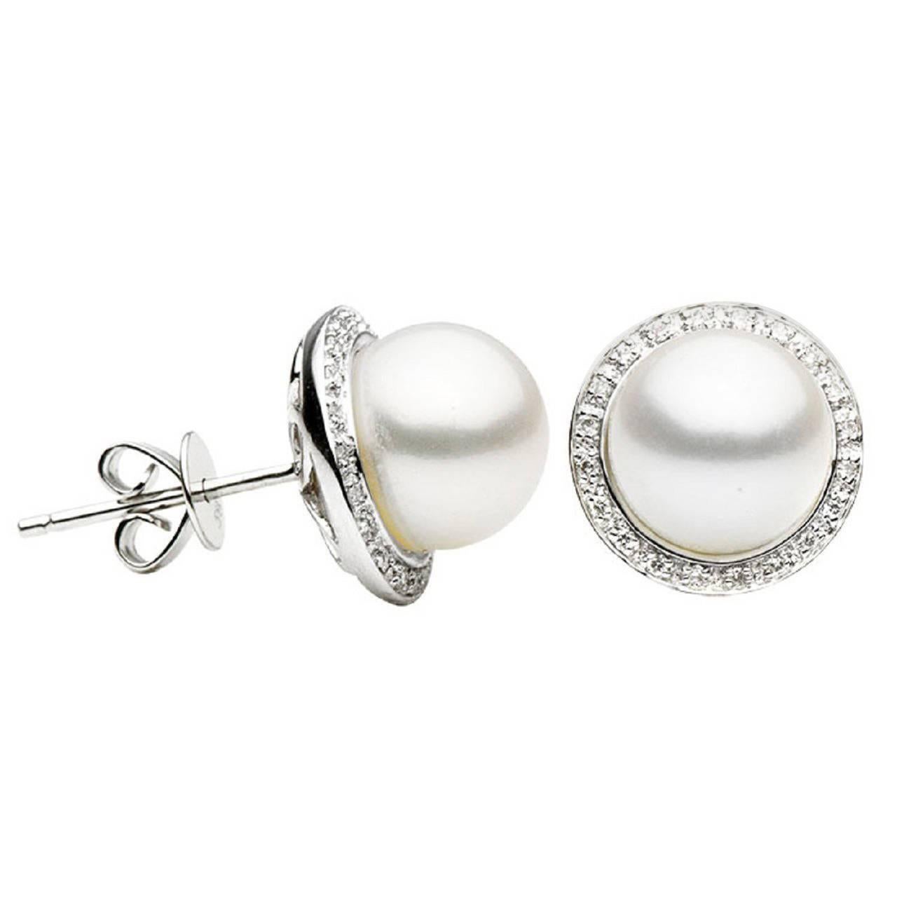 Akoya Pearl Diamond Halo Stud Earrings 14 Karat White Gold 0.10 Carats 8-9 MM