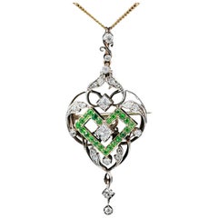 Art Nouveau Demantoid Garnet & Diamond Pendant Brooch 1890s