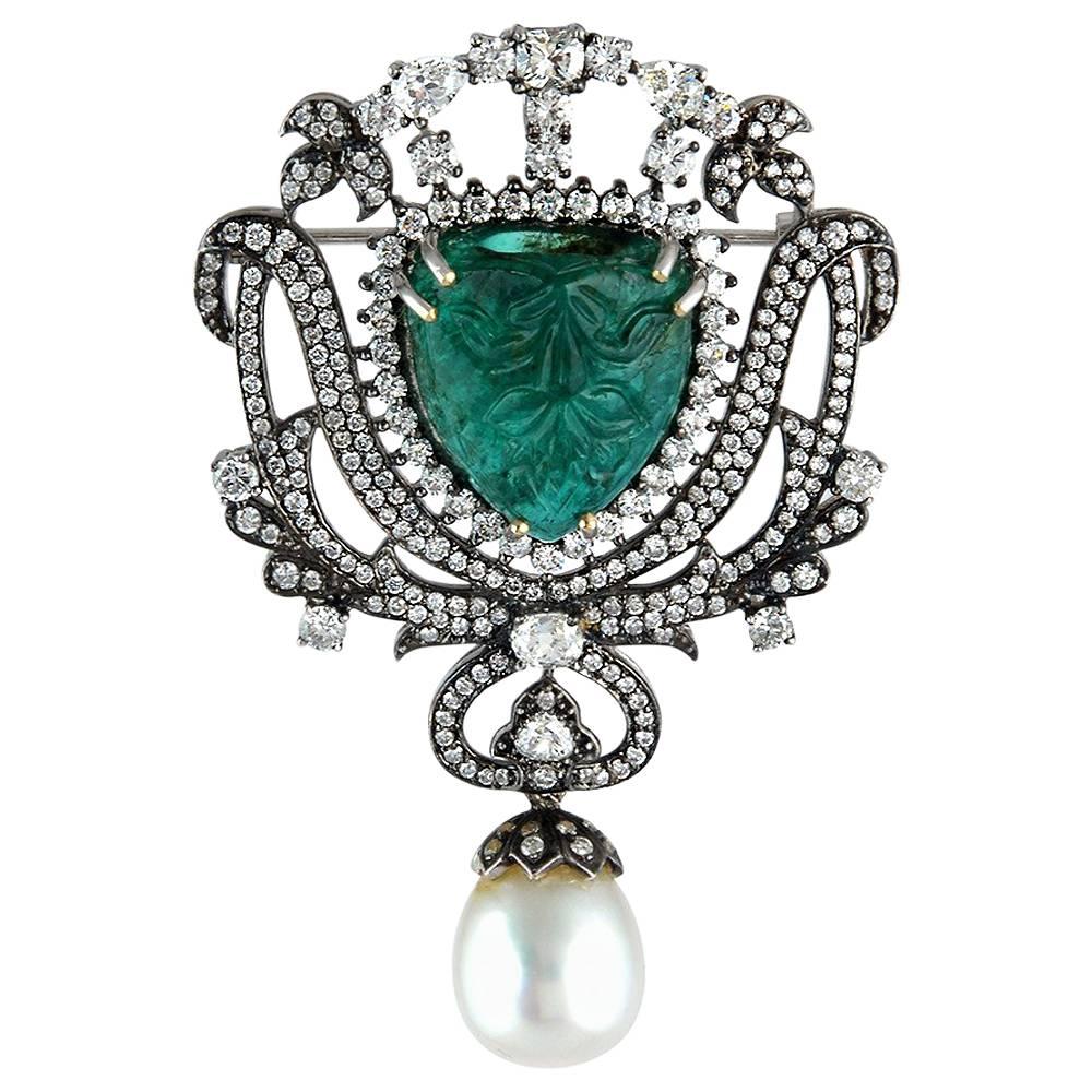 Carved Emerald and Diamond Brooch Pendant
