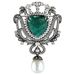 Carved Emerald and Diamond Brooch Pendant