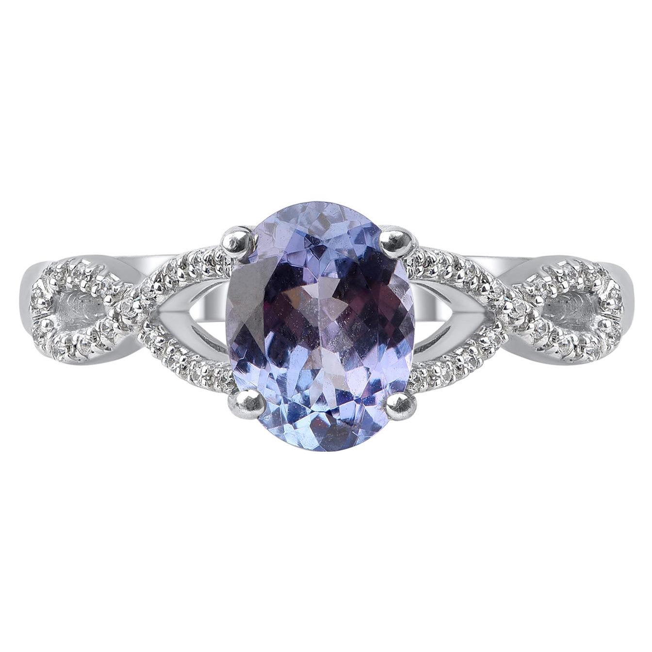 TJD 0.07 Carat Diamond and 8 X 6 MM Natural Tanzanite 14K White Gold Twist Ring For Sale