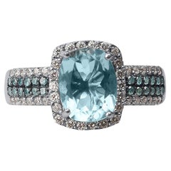 TJD 0.50 Carat Diamond and 9 X 7 MM Cushion Cut Aquamarine 14K Gold Wedding Band