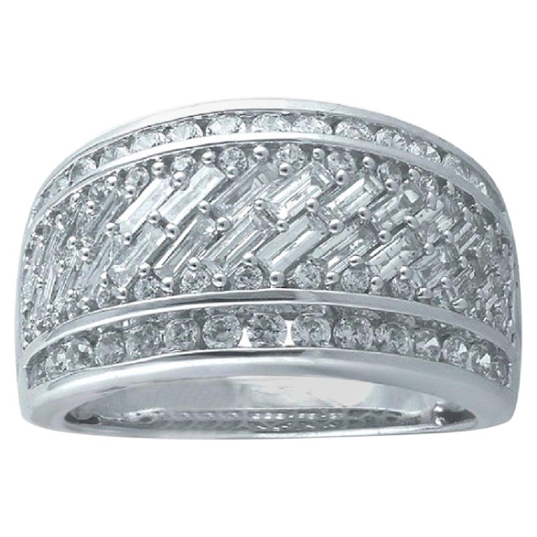 TJD 2.00 Ct Round & Baguette Diamond 14 Karat White Gold Wide Wedding Band Ring
