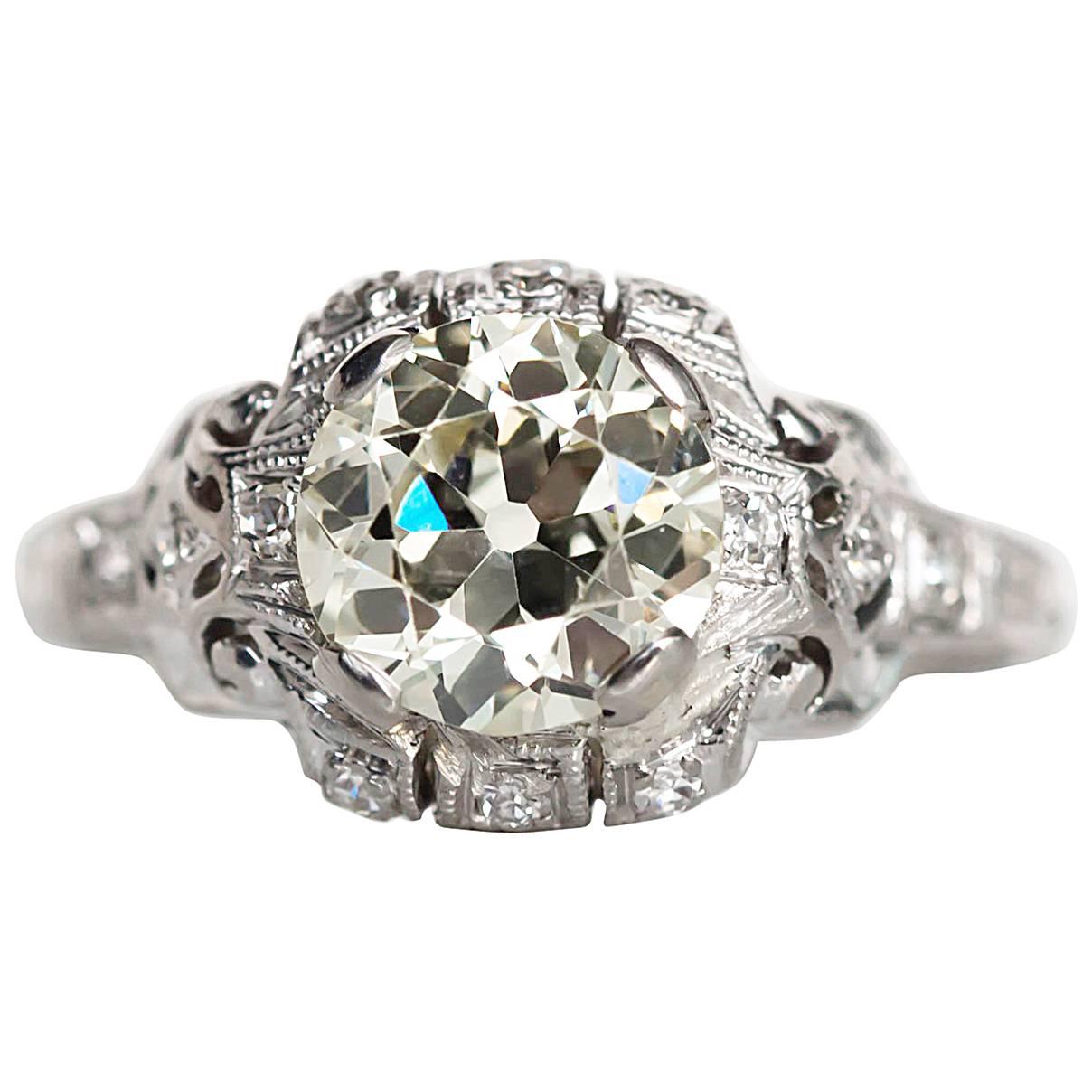 1930s Art Deco Platinum 1.60 Carat Old European Cut Diamond Engagement Ring For Sale