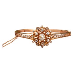 Antique Gold Victorian Rose Cut Diamond Bangle 14K Diamond Cluster Bracelet