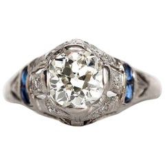 Bague de fiançailles Art déco des années 1920 en platine avec diamants de 1,09 carat et saphirs