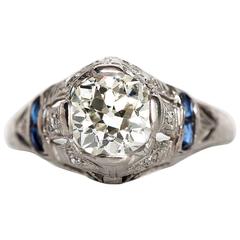 1920s Art Deco Platinum 1.09 Carat Diamond Engagement Ring with Sapphires 6