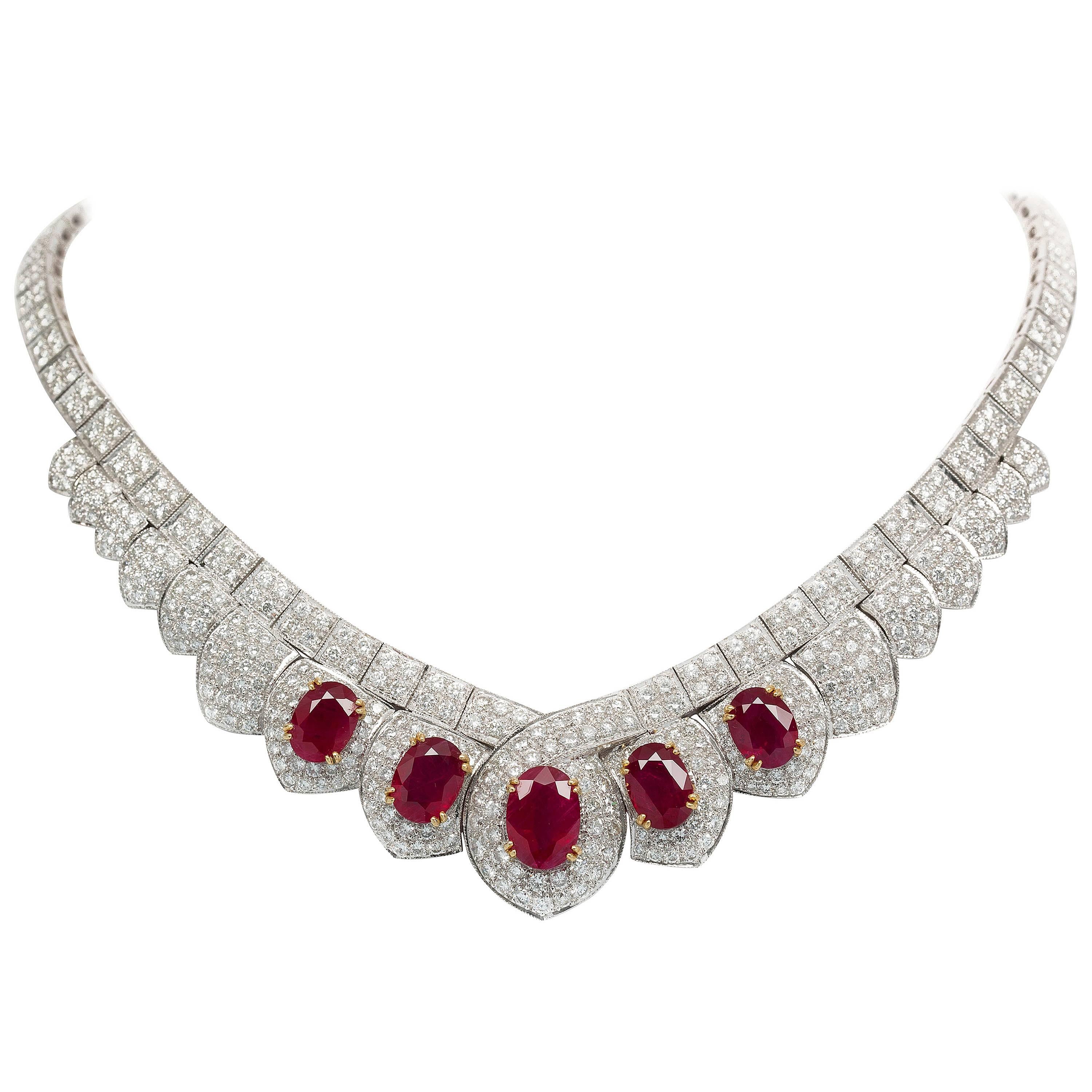 17 Carat Ruby and Diamond Necklace For Sale