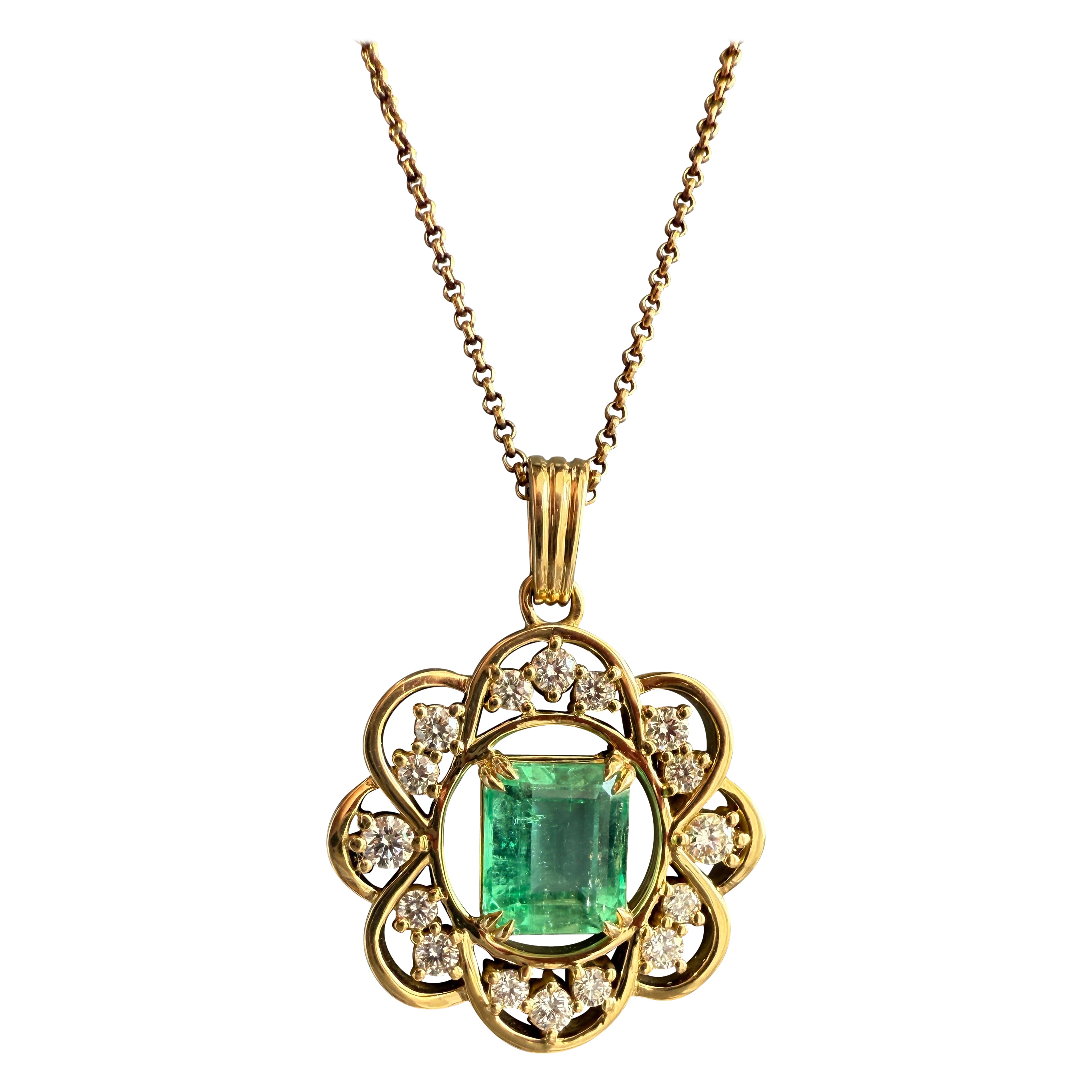 Colombian Emerald Pendant with Diamonds in 18K Yellow Gold  Unique Vintage Look For Sale