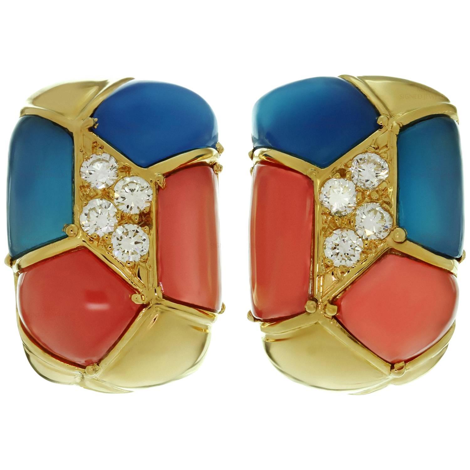 VAN CLEEF & ARPELS Diamond Blue Pink Agate Yellow Gold Clip-on Earrings