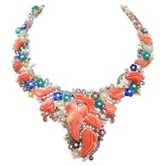 Coral, Stones, Agate, Pearls, Diamonds, Sapphires, Gold and Silver Necklace
