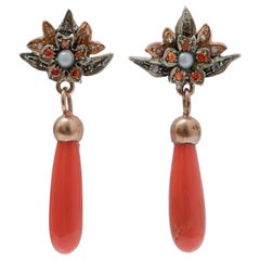 Pendientes de Coral, Diamantes, Piedras, Perlas, Oro Rosa y Plata.