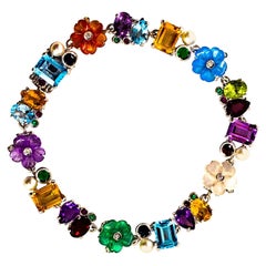 Art Nouveau Diamond Ruby Emerald Blue Sapphire White Gold Plate Pulsera Flores