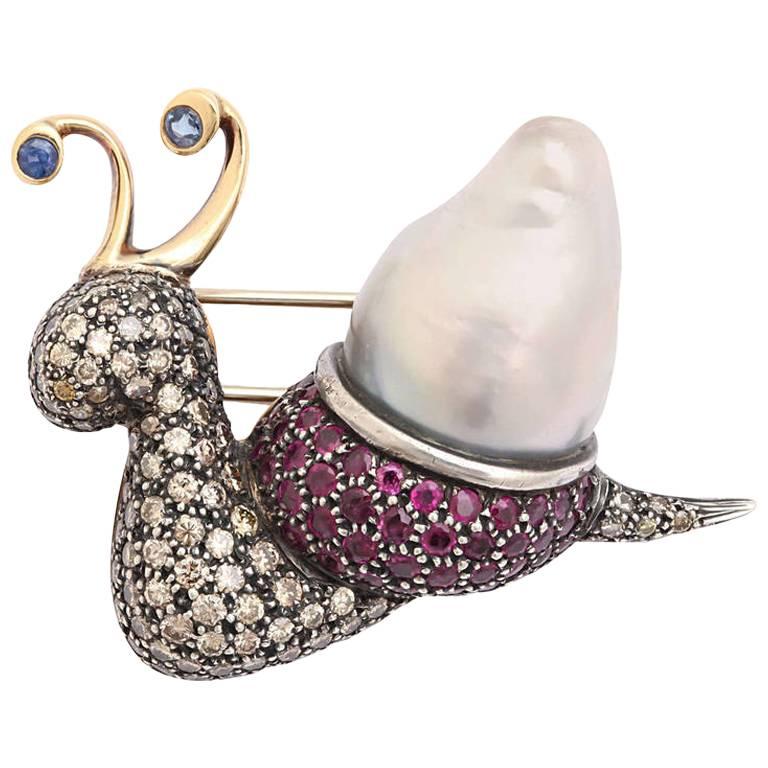 Tahitian Pearl Ruby Diamond Gold Whimsical Snail Brooch For Sale