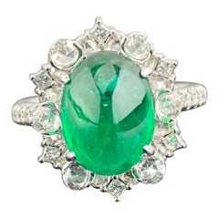 Certified 4.76 Carat Emerald Cabochon and Diamond Cocktail Engagement Ring