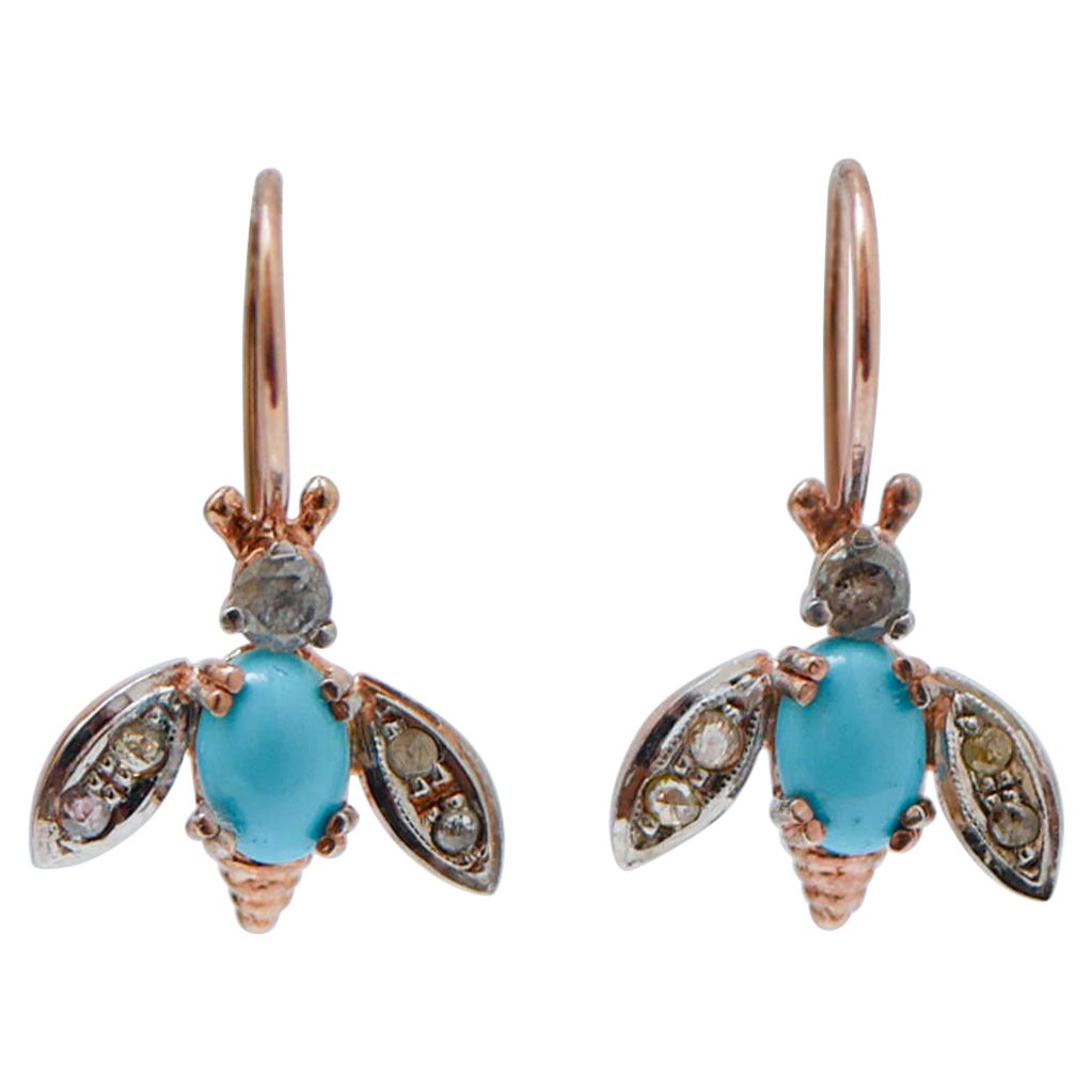 Pendientes Mosca de Turquesa, Diamantes, Oro Rosa y Plata.