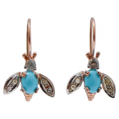 Turquoise, Diamonds, Rose Gold and Silver Fly Earrings.