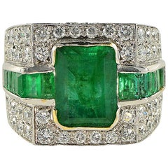 1960s Art Deco Style Design Large Emerald 4.20 Carat Diamond Gold Ring