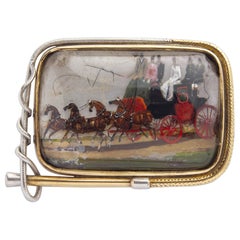 Victorian Essex Crystal Brooch With Reverse Painted Coach Scene