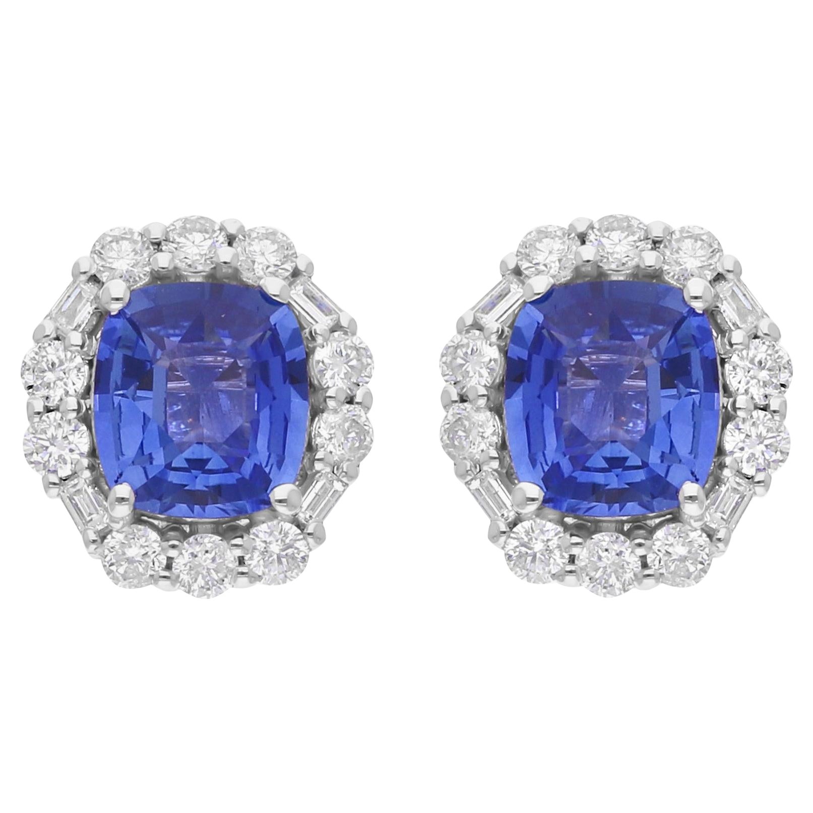 Pendientes de zafiro azul SI/H con diamante Joyas de oro blanco de 14 quilates