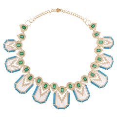 Esmeralda de Zambia Turquesa Piedra Preciosa Colgante Collar de Diamantes Oro Amarillo 18 Kilates