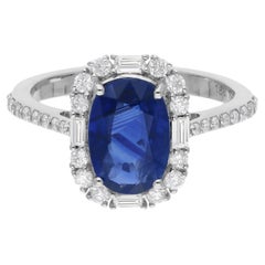 Zafiro Azul Anillo de Piedras Preciosas Diamante 18 Kilates Oro Blanco Hecho a Mano Joyería Fina