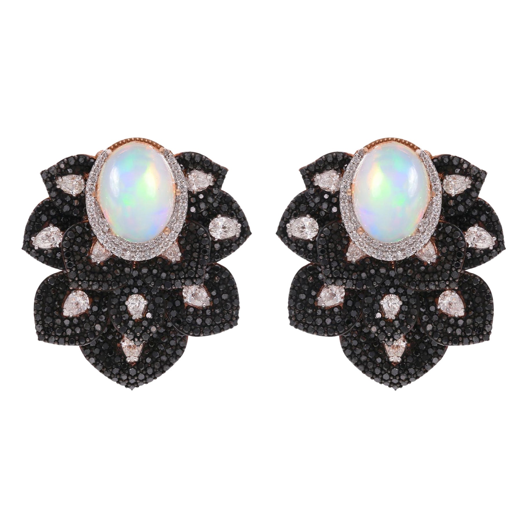 White & Black Diamond Stud Earrings Opal Gemstone 18 Karat Rose Gold Jewelry For Sale