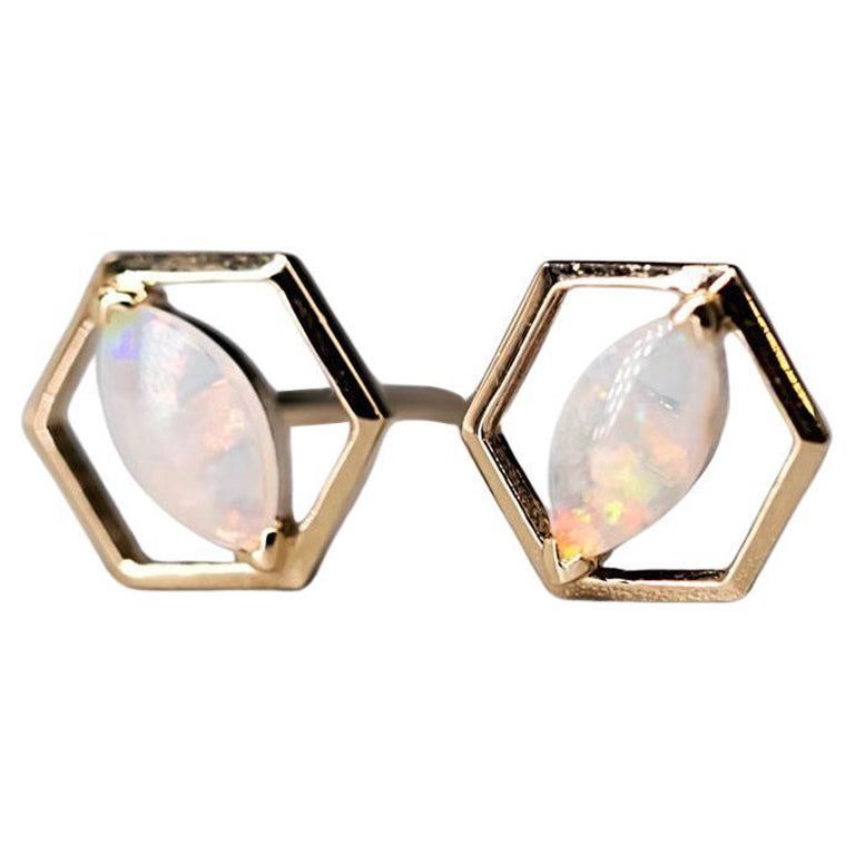 Geometric Hexagon Shaped Australian Solid Opal Stud Earrings 14K Yellow Gold
