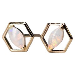 Geometric Hexagon Shaped Australian Solid Opal Stud Earrings 14K Yellow Gold