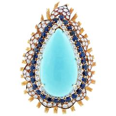 1960s Splendid Turquoise Sapphire and Diamond Brooch 