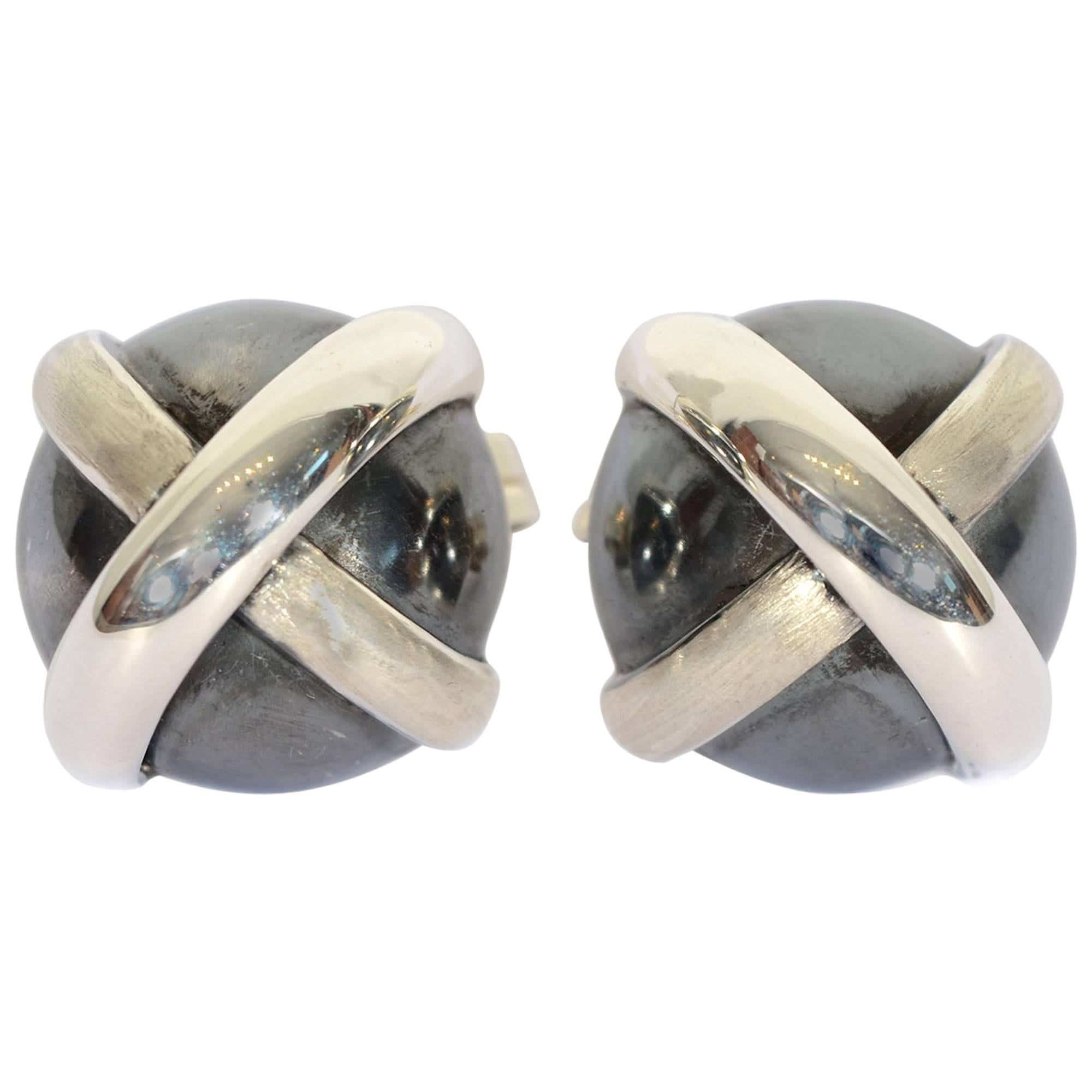 Oxidized Silver Domed Crisscross Earrings For Sale