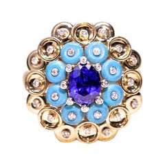 Bague cocktail en or 18 carats certifiée NGL, saphir non chauffé et turquoise avec diamants
