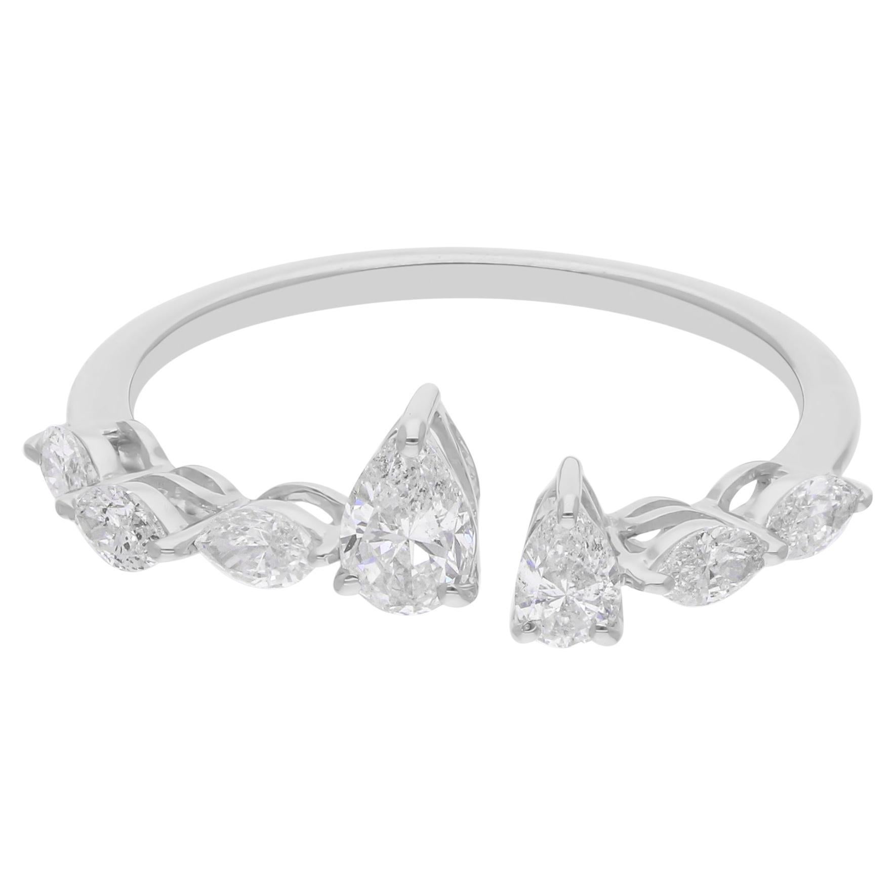 Real 0.79 Carat SI/H Marquise Pear Diamond Cuff Ring 14 Karat White Gold Jewelry