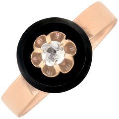 Antiguo diamante y ónice talla mina antigua de 0,13 ct, oro amarillo, circa 1850