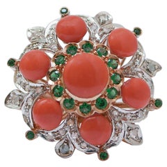 Coral, Tsavorite, Diamonds, Rose Gold and Silver Ring.