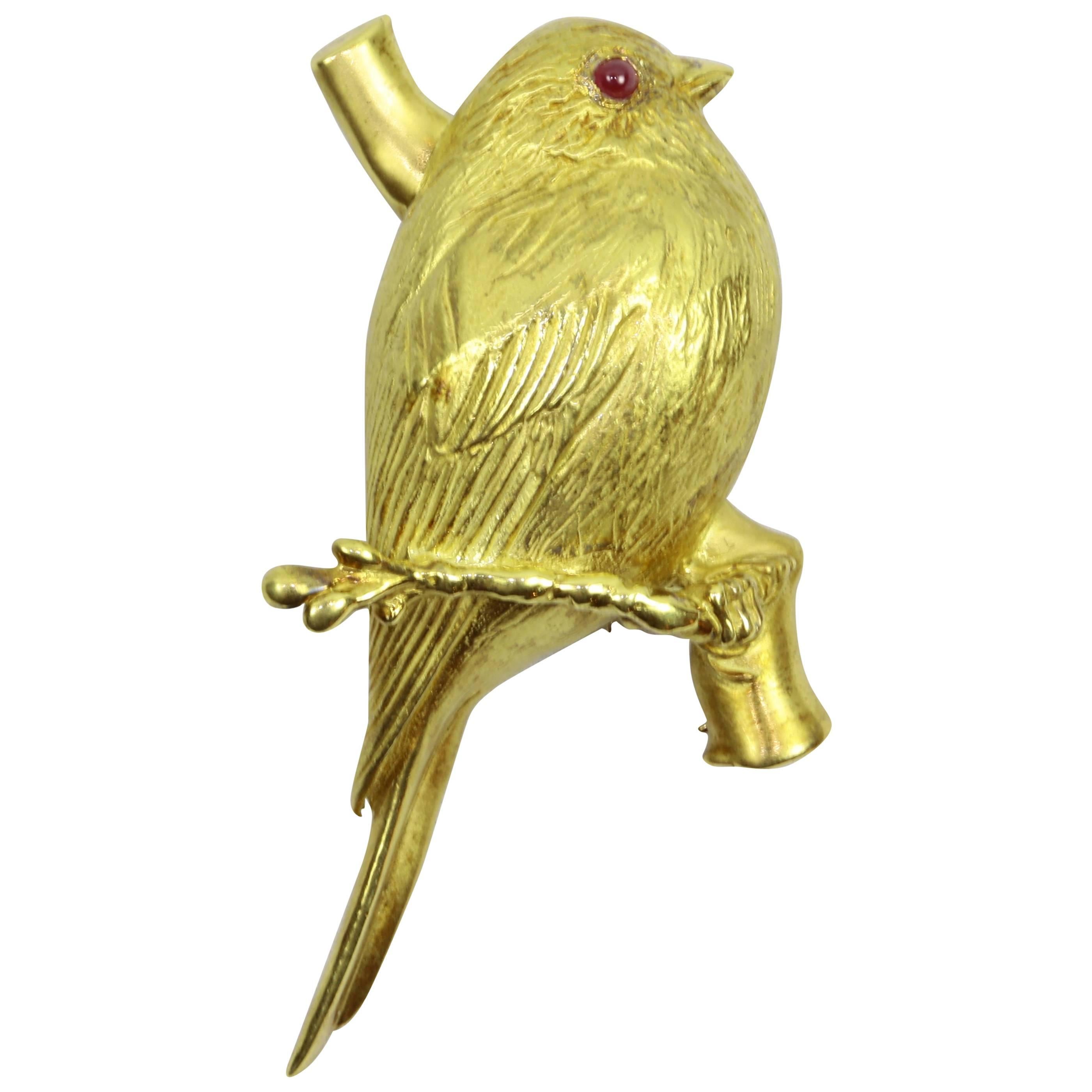 Robin Bird Ruby Eye Perched on Gold Branch Brooch Pin Fine Estate Jewelry
