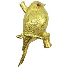 Robin Bird with Ruby Eye Perched on Gold Branch Brooch Pin 6