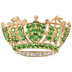 Diamond and Green Tsavorite Garnet Crown Brooch Pin 5