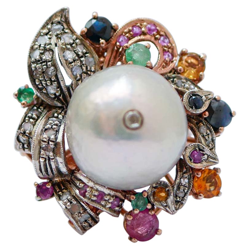Perla Gris, Esmeraldas, Diamantes, Zafiros, Rubíes, Anillo de Oro Rosa y Plata