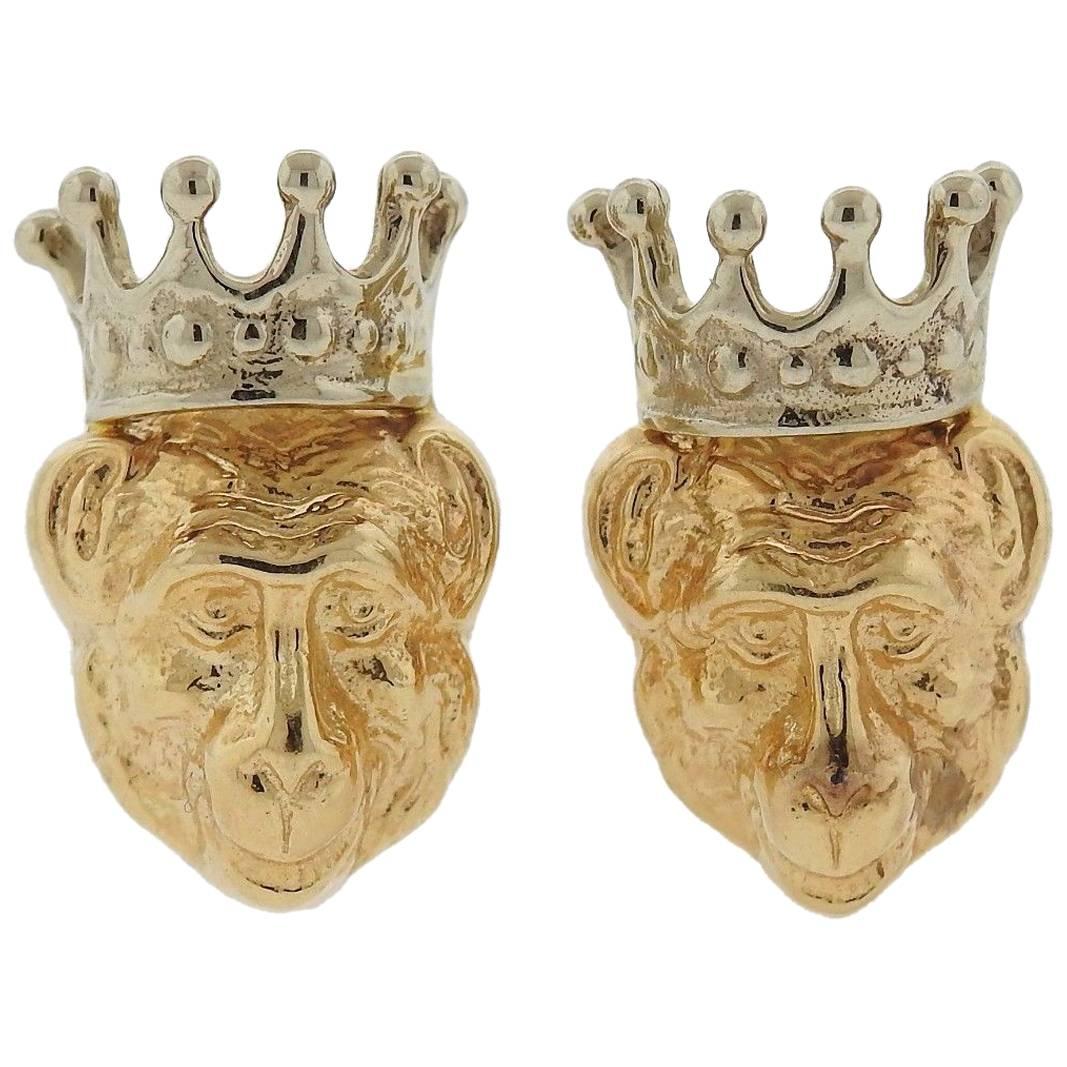Whimsical Tony Duquette Gold Monkey in Crown Cufflinks