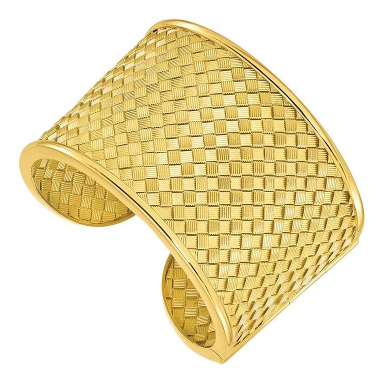 Curata Italian Solid 18k Yellow Gold Wide Basket Weave Cuff Bangle Bracelet